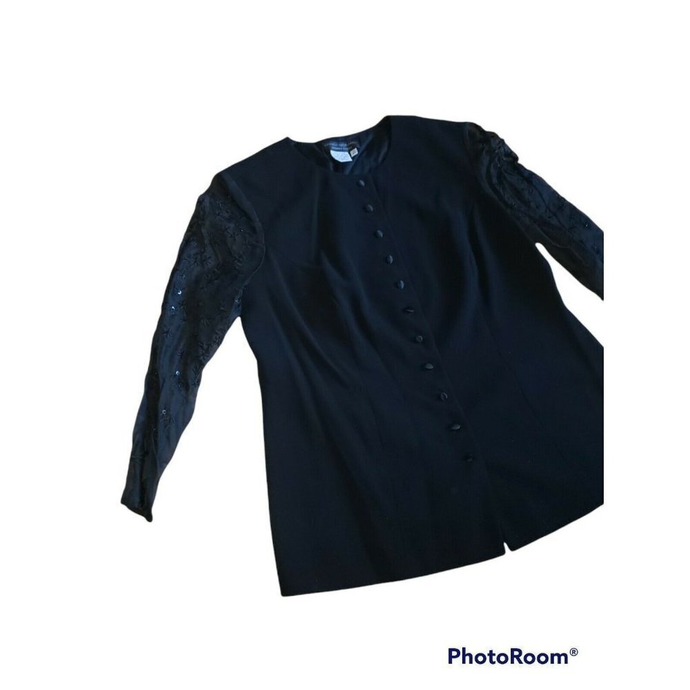 Vintage DONNA MORGAN Black Jacket 100% Silk Sheer Sleeves Size 16 Women's Petite